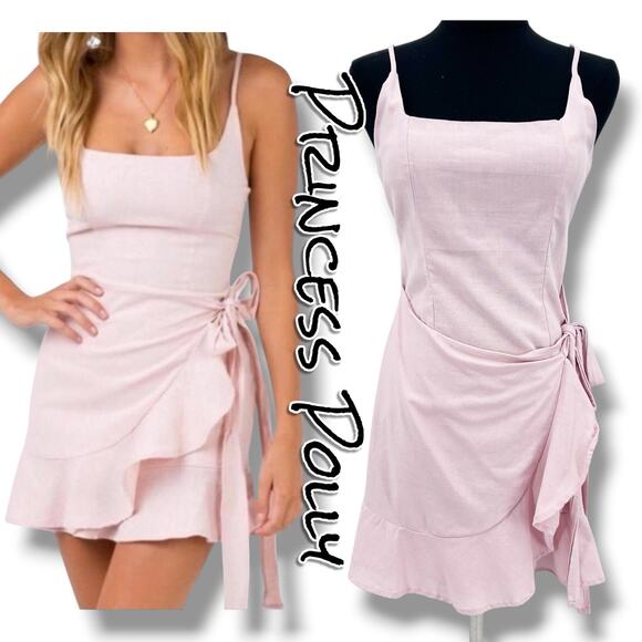 Princess Polly Dresses & Skirts - Princess Polly Cottage Hill Wrap Mini Dress Blush Pink Square Neck Linen Blend 4